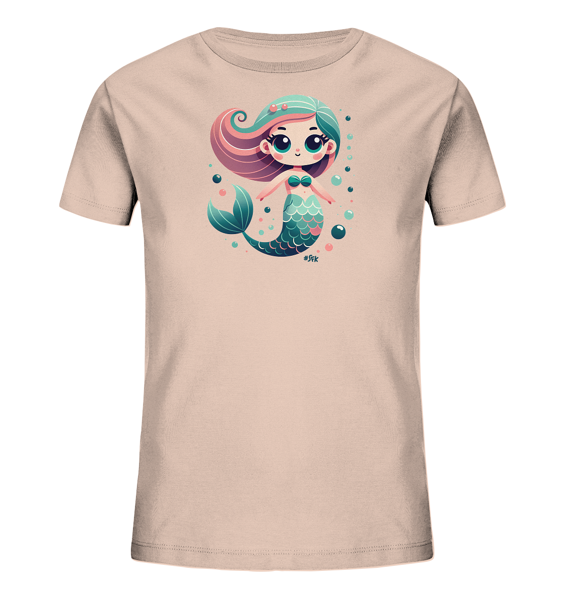Onlineshop Shirts fuer Kinder - Dieses hellrosa Kinder-T-Shirt praesentiert eine charmante, gezeichnete Meerjungfrau. Sie hat lila und tuerkisfarbenes Haar und einen schillernden Schwanz in Tuerkis-Toenen. Um die Figur herum schweben bunte Blasen. Das froehliche Motiv verleiht dem Shirt einen verspielten Look.