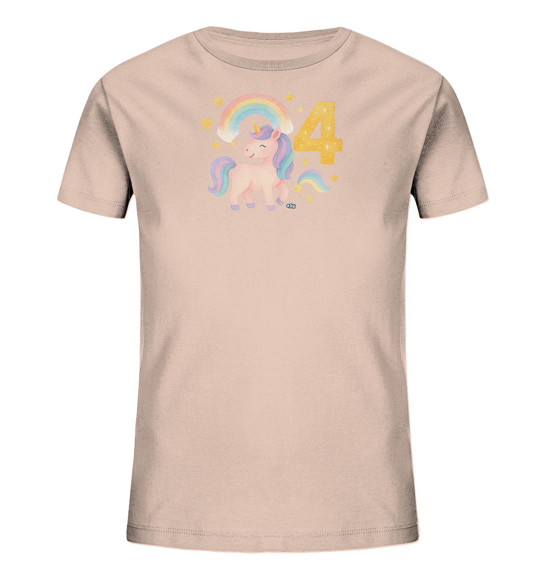Onlineshop Shirts fuer Kinder - Das Bild zeigt ein hellrosa Kinder-T-Shirt mit einem charmanten Motiv. Im Zentrum ist ein niedliches Einhorn mit einer farbenfrohen Maehne und einem Horn dargestellt. Über dem Einhorn woelbt sich ein pastellfarbener Regenbogen, umgeben von goldenen Sternen. Neben dem Einhorn ist eine grosse, goldene und glitzernde "4" platziert, was auf das Alter von vier Jahren hindeutet.