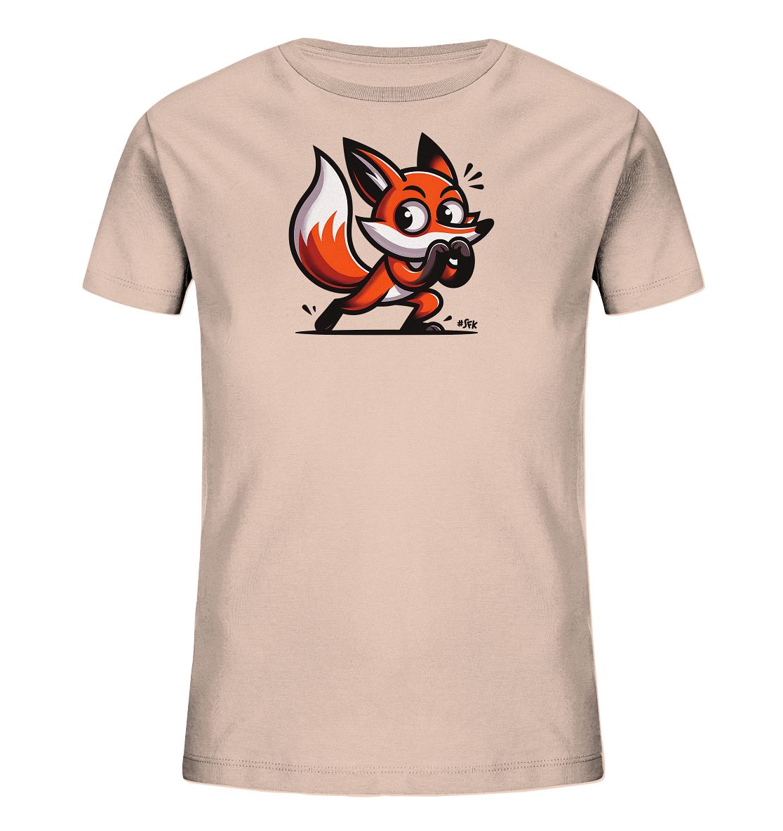 Onlineshop Shirts fuer Kinder - Das Bild zeigt ein hellbeigefarbenes T-Shirt fuer Kinder mit einer auffaelligen Grafik eines cartoonhaften Fuchses auf der Vorderseite. Der Fuchs ist in lebendigen Orange- und Weisstoenen dargestellt und hat grosse, ausdrucksstarke Augen. Er ist in einer dynamischen, leicht geduckten Haltung zu sehen, die Bewegung suggeriert. Die Illustration ist im Comic-Stil gehalten und wirkt freundlich.