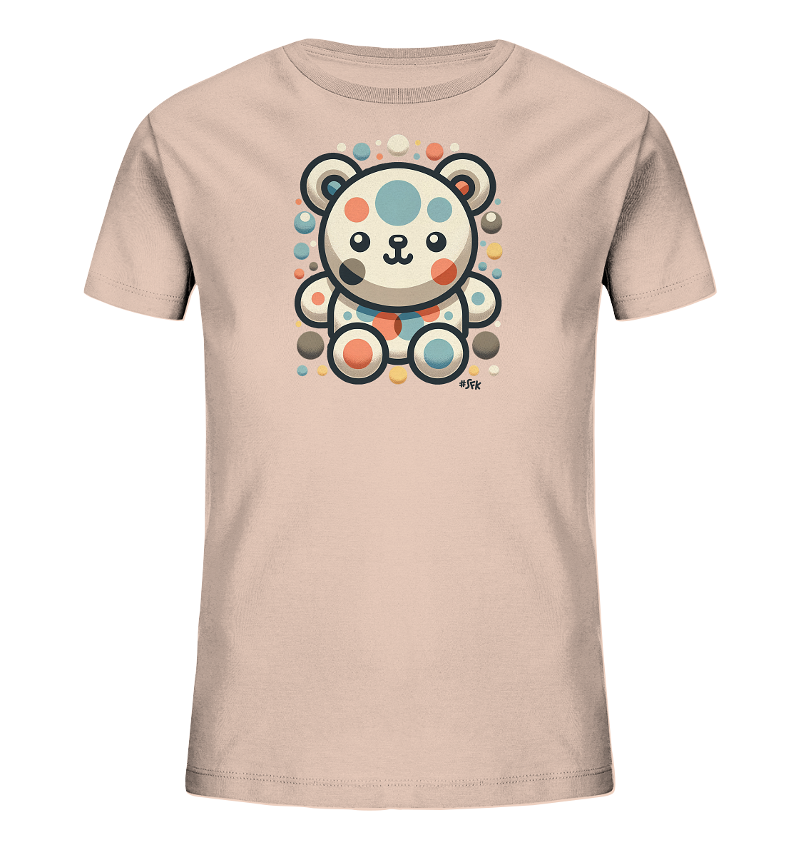 Onlineshop Shirts fuer Kinder - Das Bild zeigt ein hellrosa Kinder T-Shirt mit einem zentralen Aufdruck. Dieser stellt einen stilisierten Baeren dar, der aus unterschiedlich grossen Kreisen in Blautoenen, Orange und Schwarz zusammengesetzt ist. Der Baer sitzt aufrecht und ist von vielen kleineren, bunten Kreisen umgeben. Das Design wirkt modern und verspielt.