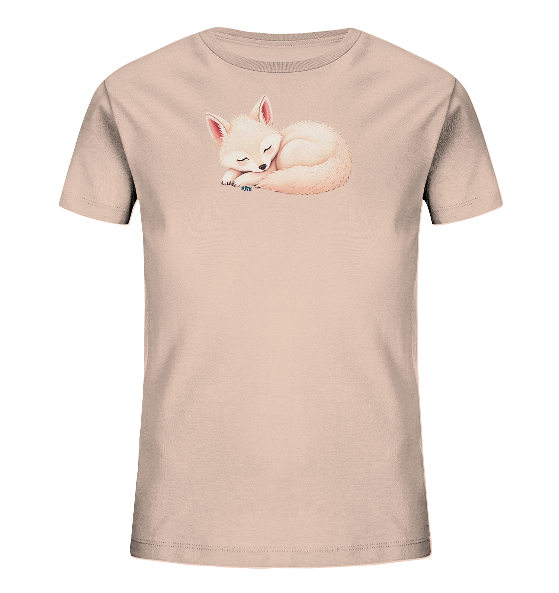 Onlineshop Shirts fuer Kinder - Das Bild zeigt ein beiges Kinder-T-Shirt mit einem schlafenden Fuchs-Motiv auf der Vorderseite. Der Fuchs ist hell gefaerbt und liegt zusammengerollt, mit geschlossenen Augen und einem ruhigen Gesichtsausdruck. Das Motiv ist mittig platziert und verleiht dem Shirt einen sanften und niedlichen Look. Das T-Shirt ist einfarbig und ohne weitere Details.