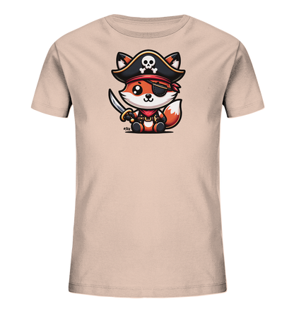 Onlineshop Shirts fuer Kinder - Das Bild zeigt ein helles T-Shirt fuer Kinder mit einem niedlichen Motiv auf der Vorderseite. Abgebildet ist ein kleiner Fuchs in Piratenverkleidung, komplett mit Hut, Augenklappe und Saebel. Der Fuchs sitzt und blickt freundlich nach vorne. Das verspielte Design ist farbenfroh und detailreich gestaltet.