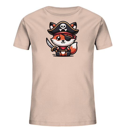 Onlineshop Shirts fuer Kinder - Das Bild zeigt ein helles T-Shirt fuer Kinder mit einem niedlichen Motiv auf der Vorderseite. Abgebildet ist ein kleiner Fuchs in Piratenverkleidung, komplett mit Hut, Augenklappe und Saebel. Der Fuchs sitzt und blickt freundlich nach vorne. Das verspielte Design ist farbenfroh und detailreich gestaltet.