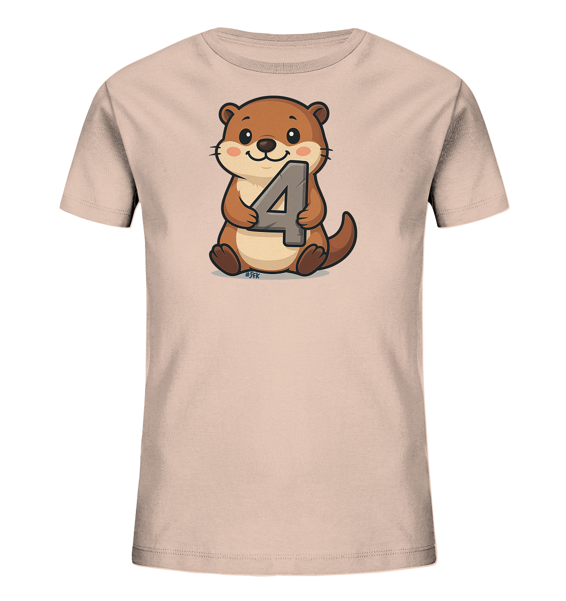 Onlineshop Shirts fuer Kinder - Das Bild zeigt ein helles Kinder-T-Shirt mit einem niedlichen Aufdruck. Ein cartoonartiger Otter sitzt darauf und haelt die Zahl Vier. Das Design ist liebevoll gestaltet und ansprechend fuer Kinder. Es verleiht dem Shirt einen verspielten Look.