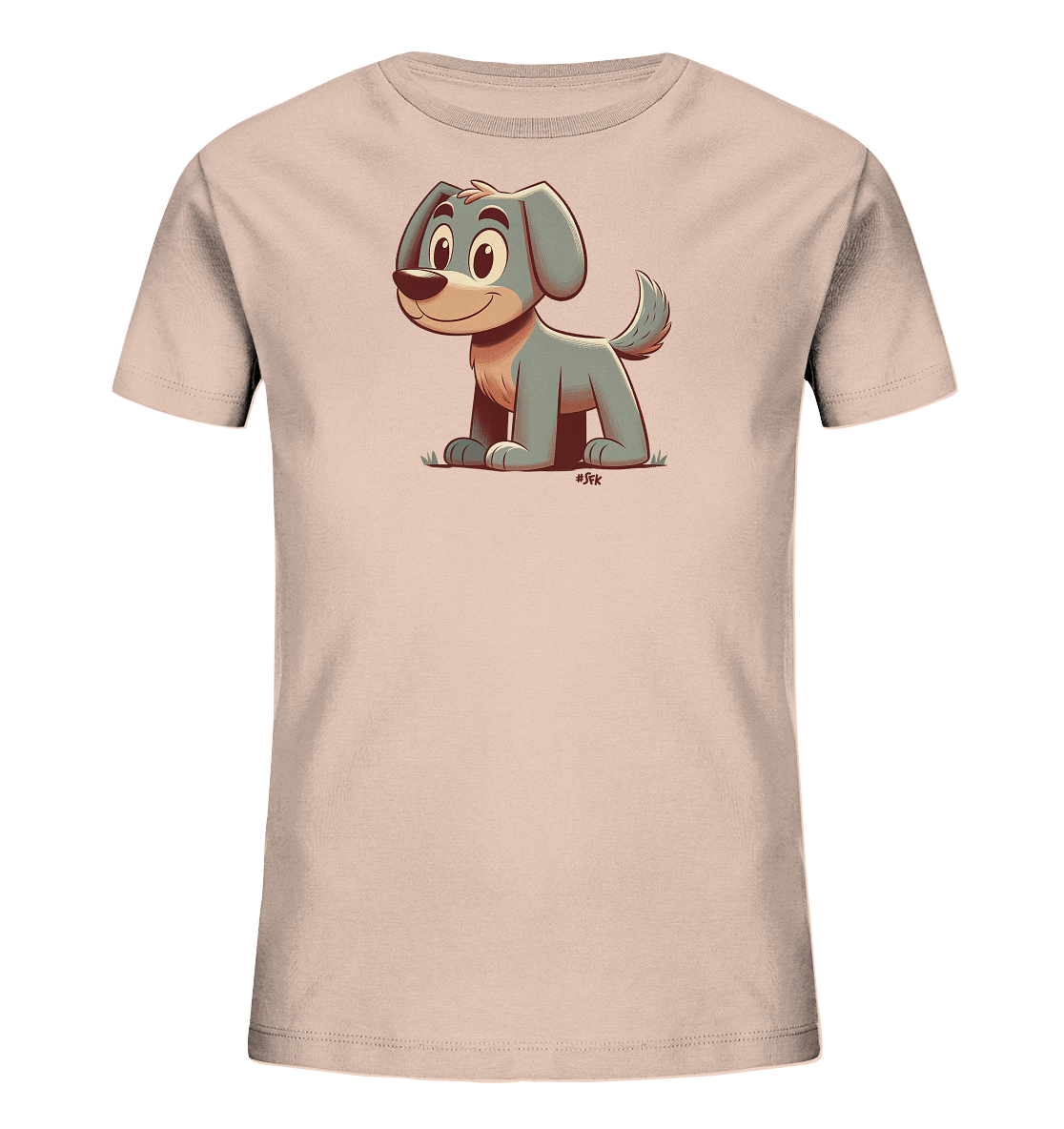 Onlineshop Shirts fuer Kinder - Das Bild zeigt ein hellrosafarbenes Kinder-T-Shirt mit einer niedlichen Illustration eines Cartoon-Hundes auf der Vorderseite. Der Hund sitzt auf dem Gras, hat graublaues Fell und ein freundliches, laechelndes Gesicht. Seine grossen Ohren haengen herab und der Schwanz wackelt. Dieses Design verleiht dem Shirt einen verspielten und ansprechenden Charakter fuer Kinder.