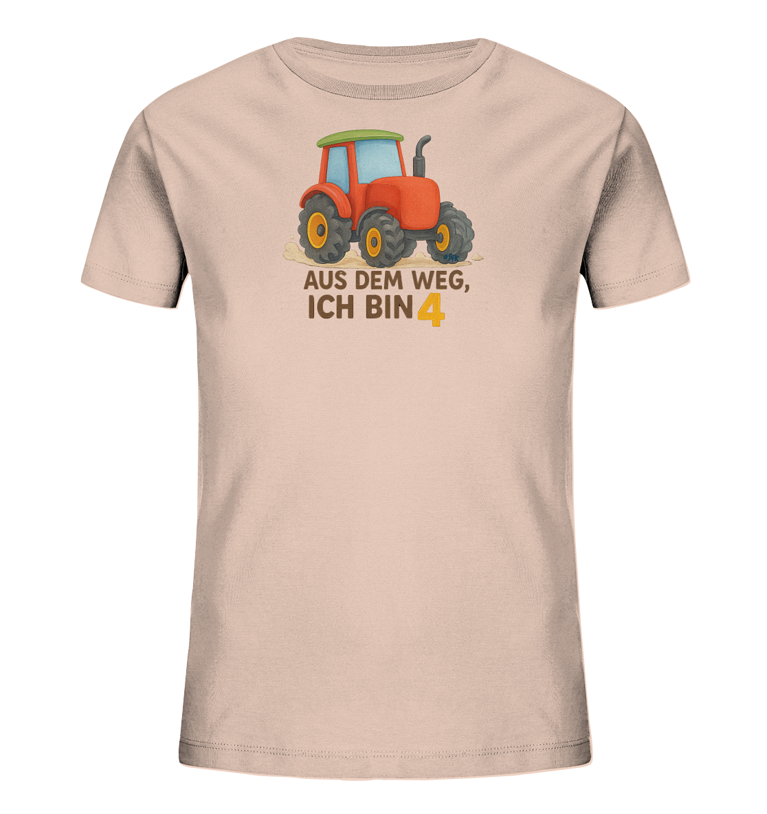 Onlineshop Shirts fuer Kinder - Das Bild zeigt ein helles Kinder T-Shirt mit einem Aufdruck. Zentral auf der Vorderseite befindet sich die Illustration eines roten Traktors. Darunter steht der Text "AUS DEM WEG, ICH BIN" in dunkler Schrift, gefolgt von der Zahl '4' in Goldgelb.