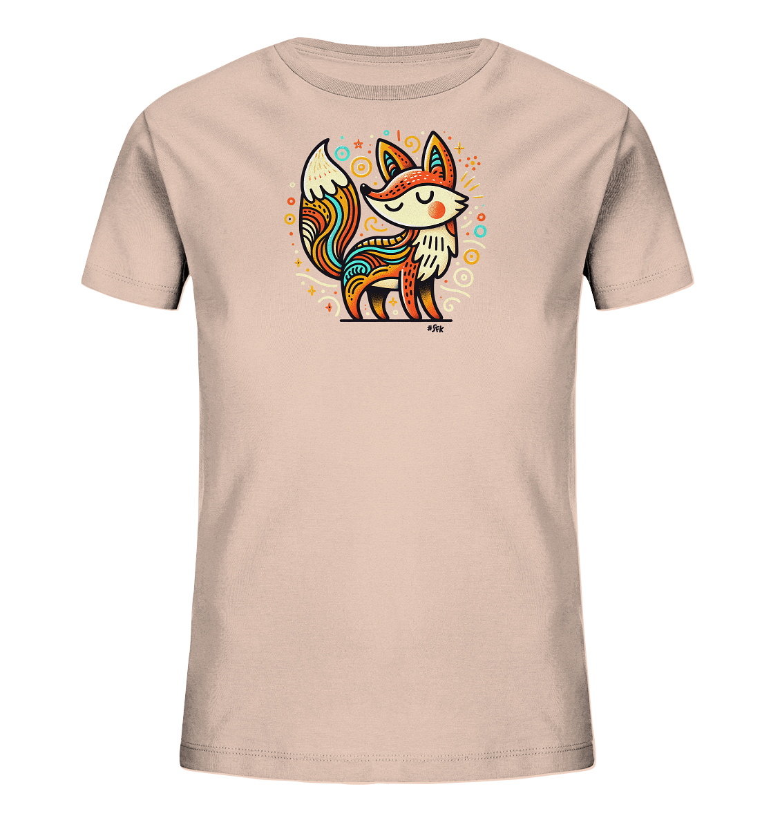 Onlineshop Shirts fuer Kinder - Helles T-Shirt mit buntem Fuchs. Stilisierter Fuchs mit Mustern und Dekorationen. Ein froehliches Design fuer Kinder.