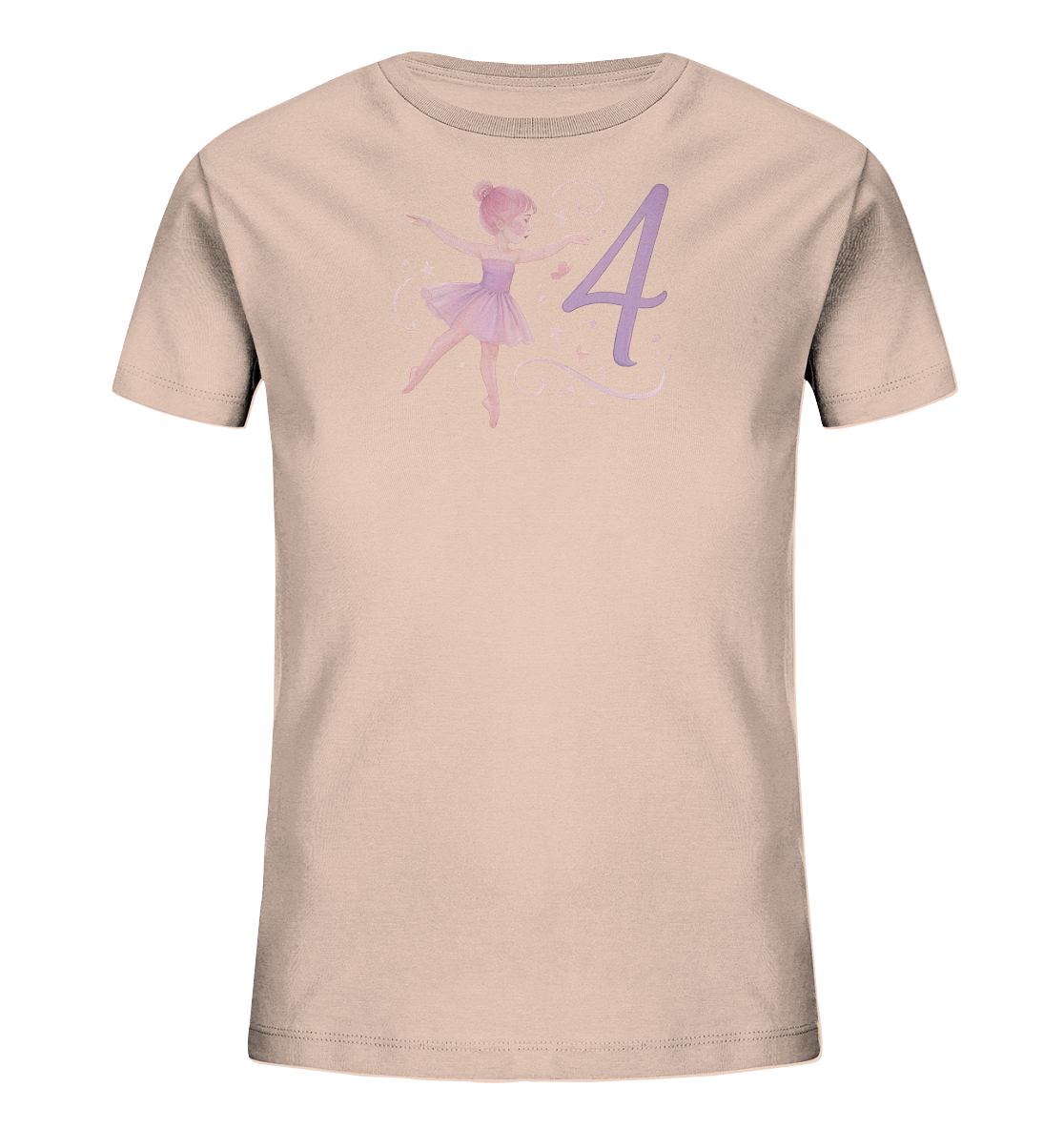 Onlineshop Shirts fuer Kinder - Das Bild zeigt ein hellrosa Kinder-T-Shirt mit einem Motiv einer kleinen Ballerina in einem lila Tutu. Sie steht in einer Ballettpose, umgeben von Sternen und geschwungenen Linien. Neben der Ballerina ist eine grosse, lila Zahl '4' platziert. Das Design ist zart und verspielt.