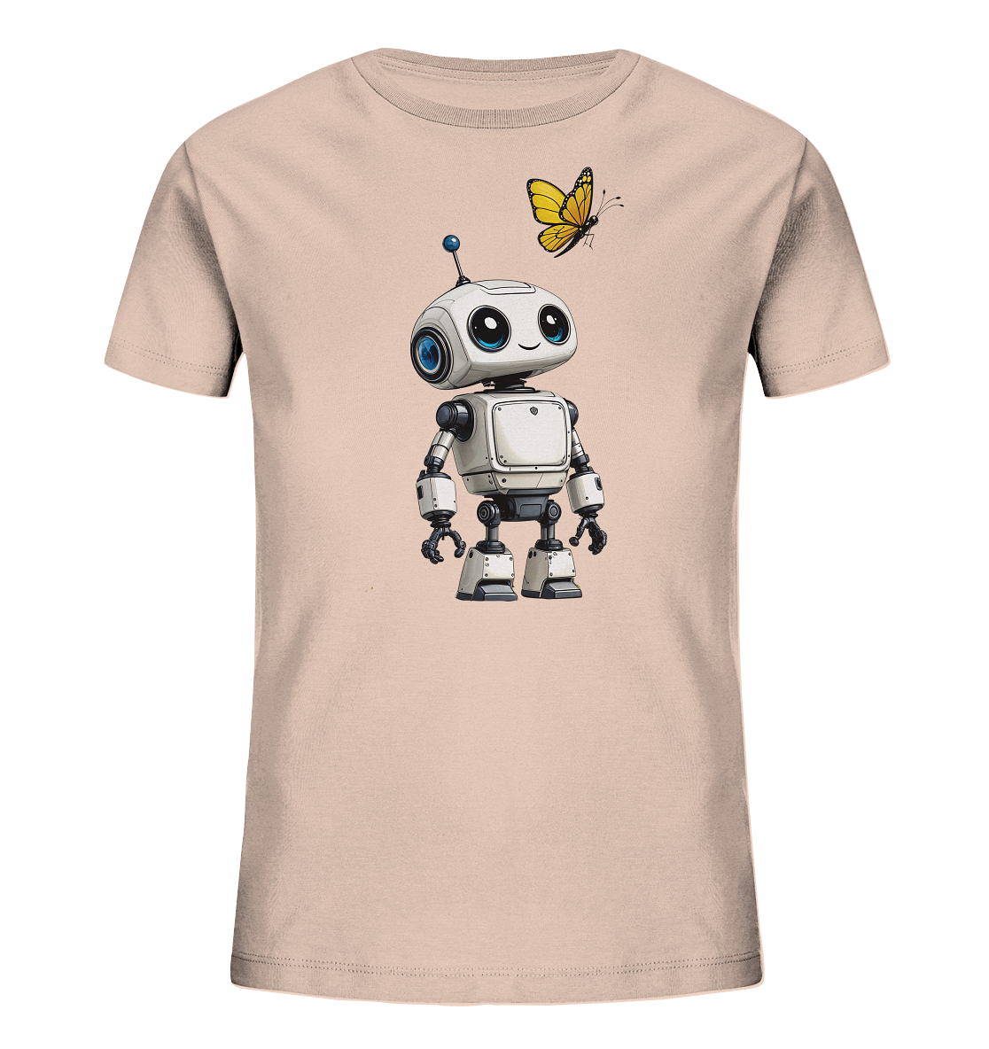 Onlineshop Shirts für Kinder - Das Bild zeigt die Vorderseite eines Kinder-T-Shirts in einem sanften Rosa- oder Pfirsichton. Auf der Vorderseite ist eine niedliche, stilisierte Roboterfigur abgebildet, die überwiegend weiß und grau gehalten ist und große blaue Augen besitzt. Über dem Roboter schwebt ein leuchtend gelber Schmetterling, der das Motiv ergänzt. Das gesamte Design ist freundlich und wirkt spielerisch.