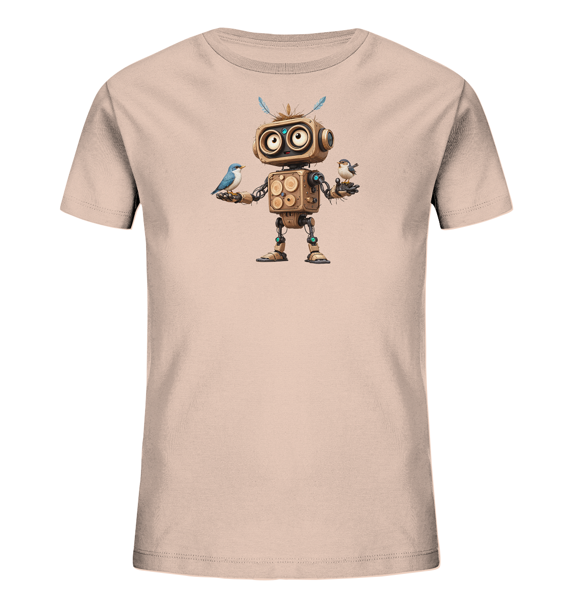 Onlineshop Shirts für Kinder - Das Bild zeigt ein hellrosa oder beigefarbenes T-Shirt für Kinder. Auf der Vorderseite ist eine Illustration eines freundlich aussehenden Roboters abgebildet, der aus Holz- und Metallteilen zusammengesetzt zu sein scheint. Der Roboter hält in jeder Hand einen kleinen Vogel, einen blauen und einen grauen. Das Design wirkt verspielt und detailreich, mit kleinen Federn auf dem Kopf des Roboters und technischen Elementen an seinen Gliedmaßen.