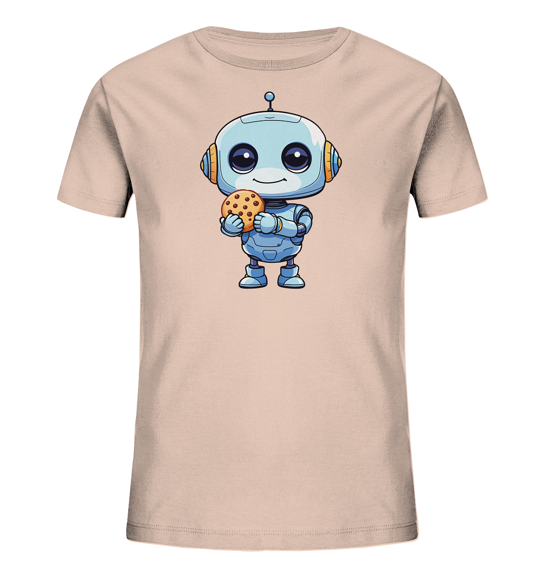 Onlineshop Shirts für Kinder - Das Bild zeigt ein beiges T-Shirt für Kinder, auf dem ein niedlicher, blauer Cartoon-Roboter abgebildet ist. Der Roboter hat große, freundliche Augen, runde Ohren mit orangefarbenen Akzenten und hält mit seinen Armen einen Schokoladenkeks. Sein Körper und seine Beine sind in verschiedenen Blautönen gehalten und haben eine abgerundete, kindgerechte Form. Die Illustration des Roboters ist zentral auf der Vorderseite des Shirts platziert und wirkt fröhlich und ansprechend.