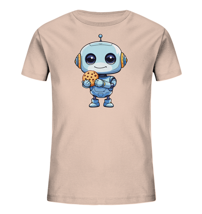 Onlineshop Shirts für Kinder - Das Bild zeigt ein beiges T-Shirt für Kinder, auf dem ein niedlicher, blauer Cartoon-Roboter abgebildet ist. Der Roboter hat große, freundliche Augen, runde Ohren mit orangefarbenen Akzenten und hält mit seinen Armen einen Schokoladenkeks. Sein Körper und seine Beine sind in verschiedenen Blautönen gehalten und haben eine abgerundete, kindgerechte Form. Die Illustration des Roboters ist zentral auf der Vorderseite des Shirts platziert und wirkt fröhlich und ansprechend.