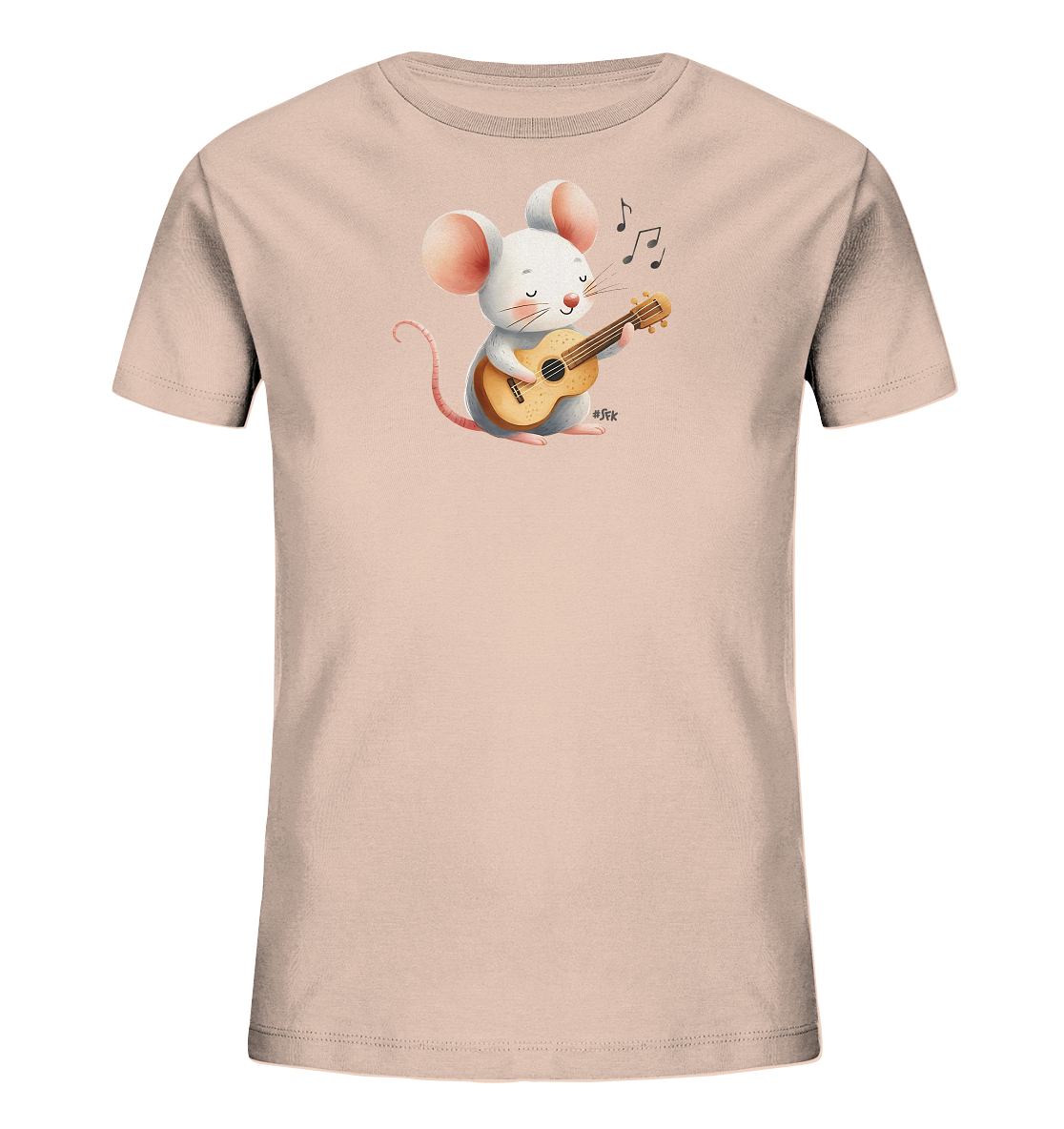 Onlineshop Shirts für Kinder - Abgebildet ist ein hellrosa T-Shirt für Kinder. Der Frontdruck zeigt eine niedliche weiße Maus, die ein kleines Saiteninstrument spielt. Über der Maus sind schwarze Musiknoten zu sehen, was das Motiv dynamisch und fröhlich gestaltet.