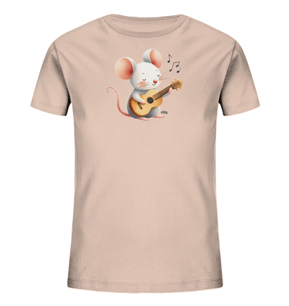Onlineshop Shirts für Kinder - Abgebildet ist ein hellrosa T-Shirt für Kinder. Der Frontdruck zeigt eine niedliche weiße Maus, die ein kleines Saiteninstrument spielt. Über der Maus sind schwarze Musiknoten zu sehen, was das Motiv dynamisch und fröhlich gestaltet.