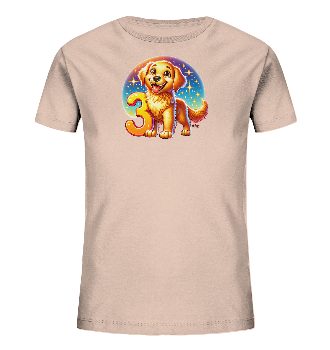 Onlineshop Shirts fuer Kinder - Dieses hellrosa T-Shirt fuer Kinder zeigt einen laechelnden Golden Retriever Welpen. Der Welpe steht neben einer grossen, leuchtenden orangen Zahl '3'. Dahinter ist ein funkelnder Hintergrund mit Sternen in Blau- und Lilatoenen. Das Design wirkt froehlich und ideal fuer einen dritten Geburtstag.