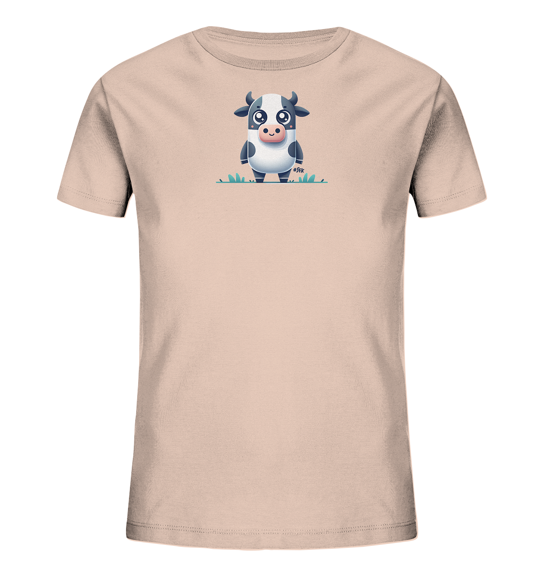 Onlineshop Shirts fuer Kinder - Das Bild zeigt ein T-Shirt fuer Kinder in einem hellen Beigeton. Auf der Vorderseite ist eine Illustration einer Kuh im Cartoon-Stil zu sehen. Die Kuh ist schwarz-weiss gefleckt und steht in einer Darstellung von gruenem Gras. Sie hat grosse, runde Augen und blickt geradeaus.