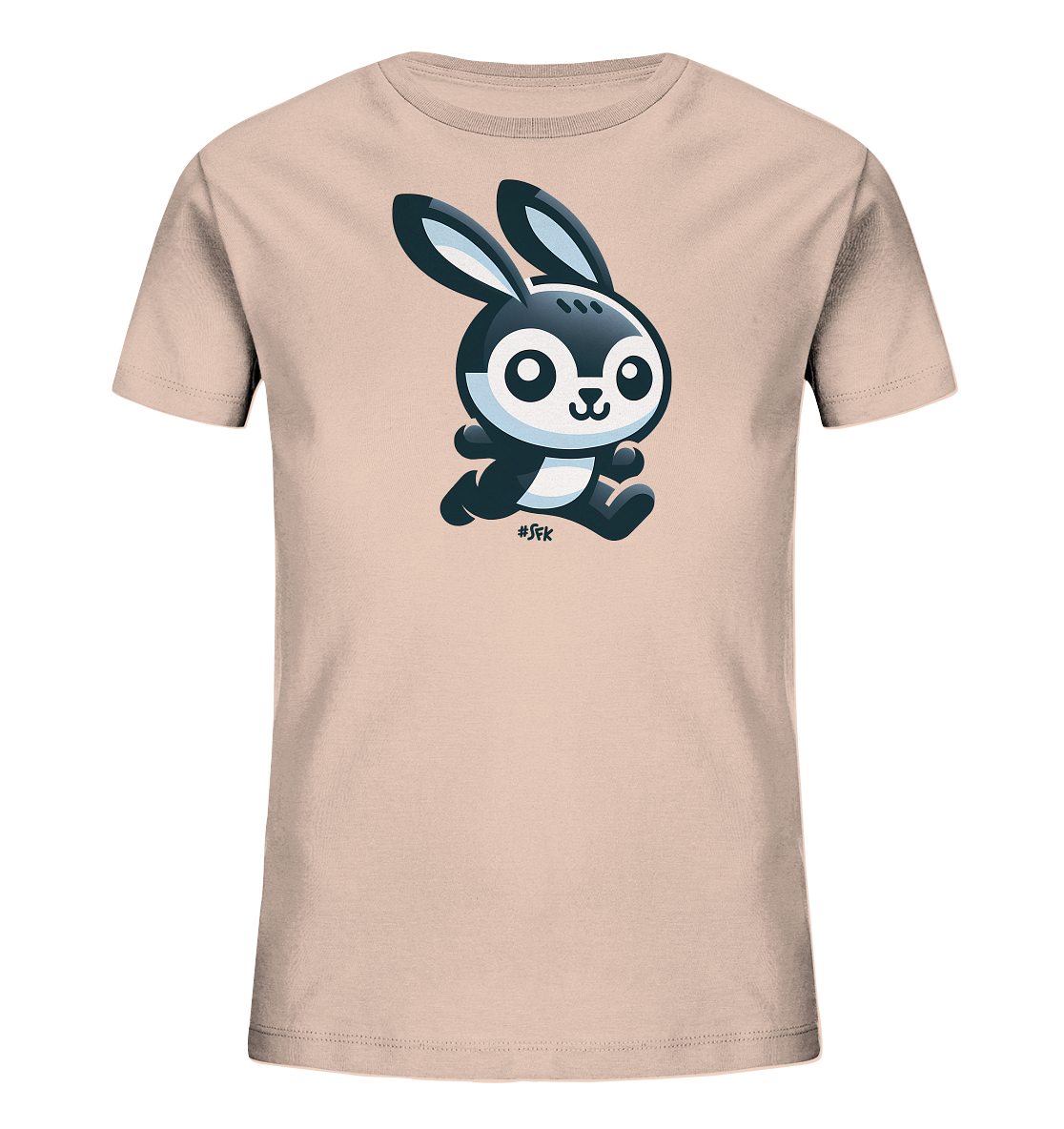 Onlineshop Shirts fuer Kinder - Das Bild zeigt ein Kinder-T-Shirt in einem hellen Beigeton. Darauf ist eine niedliche, cartoonhafte Darstellung eines rennenden Kaninchens zu sehen. Das Kaninchen ist schwarz-weiss gezeichnet, hat grosse Augen und wirkt sehr froehlich. Dieses Design verleiht dem Shirt einen verspielten und ansprechenden Look.