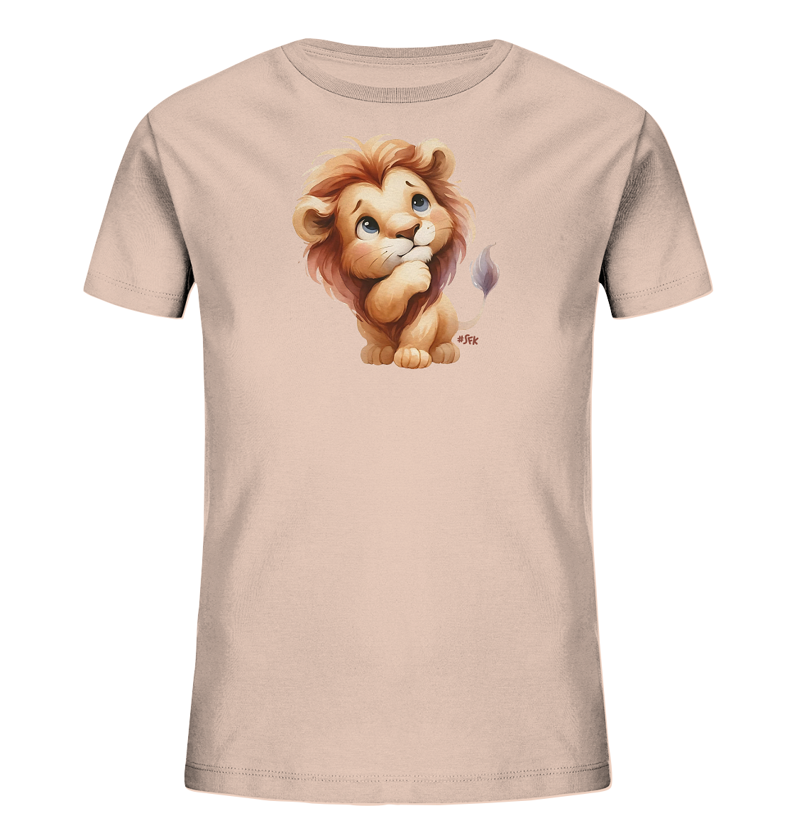 Kinder T-Shirt mit nachdenklichem Cartoon-Löwen und großen blauen Augen