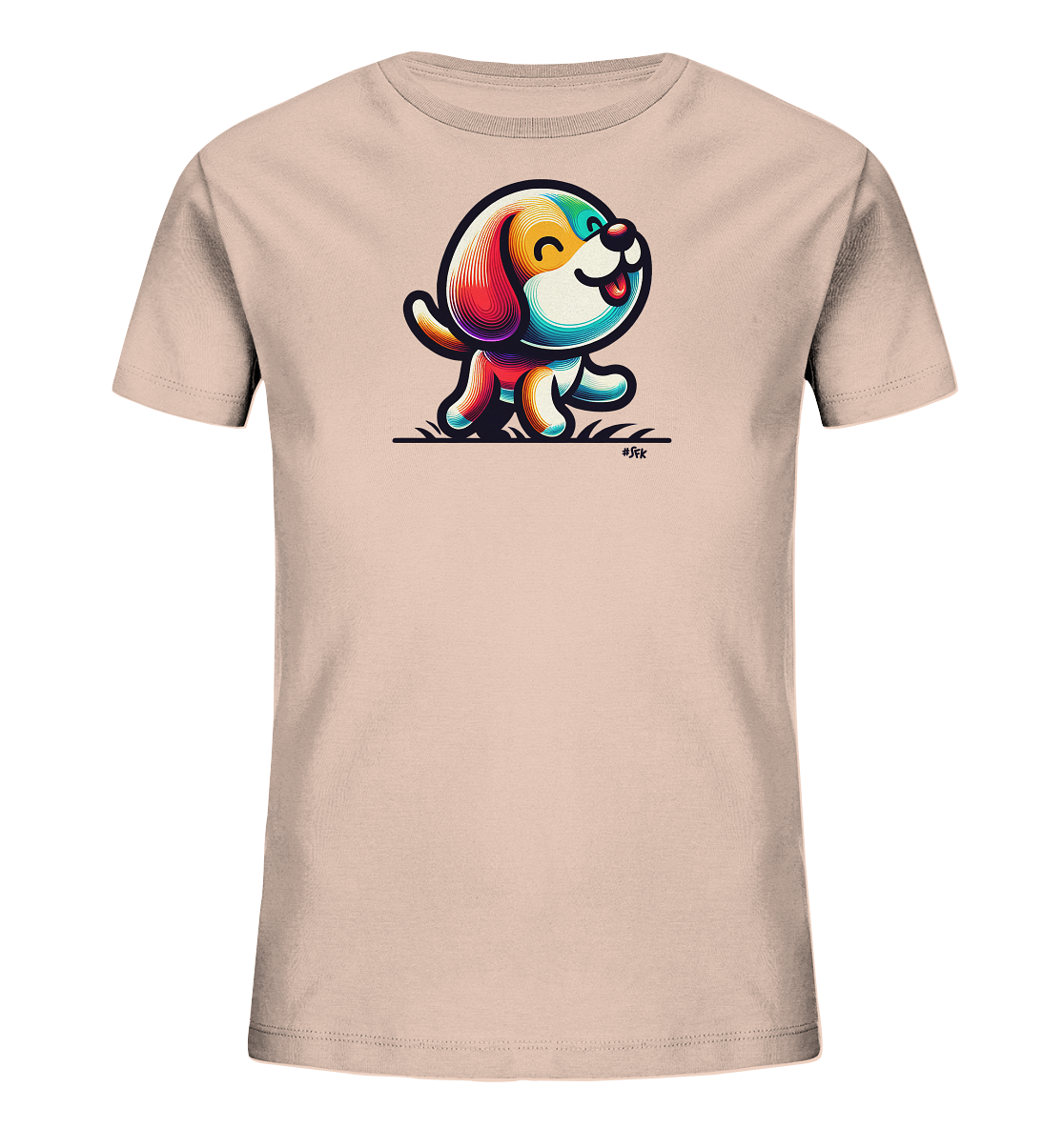 Onlineshop Shirts fuer Kinder - Das Bild zeigt ein hellrosa Kinder-T-Shirt mit einem farbenfrohen Aufdruck auf der Vorderseite. Die Illustration stellt einen stilisierten, laechelnden Hund dar, der gerade laeuft. Der Hund ist mit dicken schwarzen Umrissen und leuchtenden, fliessenden Farben wie Blau, Gelb und Rot gefuellt. Das verspielte Design wird durch angedeutetes Gras unter den Pfoten des Hundes ergaenzt und verleiht dem Shirt eine froehliche Optik.
