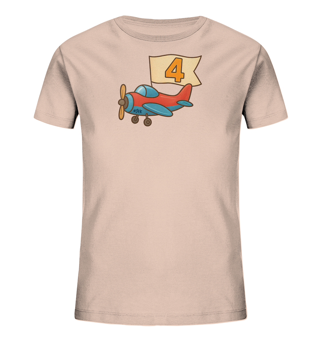 Onlineshop Shirts fuer Kinder - Das Bild zeigt ein hellrosa Kinder-T-Shirt mit einem farbenfrohen Cartoon-Flugzeugmotiv auf der Vorderseite. Ein rotes und blaues Flugzeug zieht ein beigefarbenes Banner hinter sich her. Auf dem Banner ist prominent die Zahl 4 in Orange abgebildet. Dieses Design verleiht dem Shirt einen froehlichen und abenteuerlichen Look.