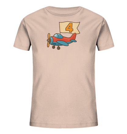 Kinder T-Shirt mit rotem und blauem Flugzeug, Banner und Zahl 4