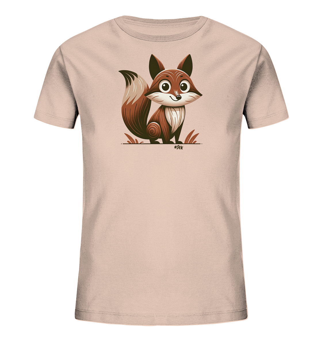Onlineshop Shirts fuer Kinder - Dieses T-Shirt fuer Kinder in einem zarten Rosaton praesentiert eine charmante Fuchs-Illustration. Der Fuchs sitzt laechelnd im Cartoon-Stil auf stilisierten Grashalmen. Er hat grosse Augen, eine ausgepraegte Schnauze und einen buschigen Schwanz. Das Design wirkt insgesamt sehr freundlich und kindgerecht.