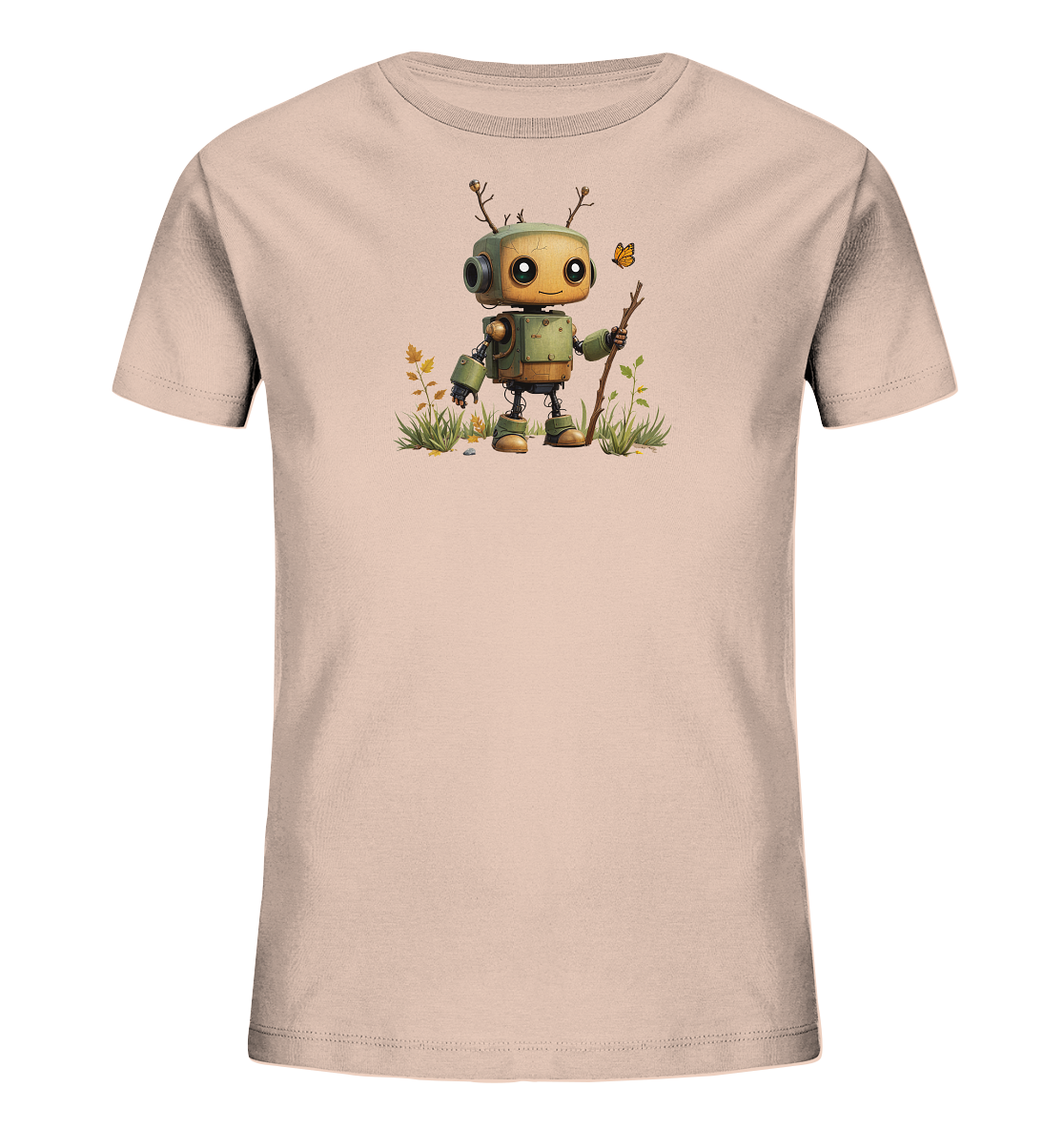 Onlineshop Shirts für Kinder - Das Bild zeigt ein Kinder-T-Shirt in einem zarten Rosa- oder Beigeton. Auf der Vorderseite ist eine detaillierte Illustration eines kleinen, freundlich aussehenden Roboters zu sehen. Der grüne Roboter besitzt Antennen aus kleinen Ästen mit Blättern und hält einen Stock in der Hand. Er steht in einer natürlichen Umgebung mit Gräsern, einigen Steinen und Herbstblättern, und ein kleiner gelber Schmetterling fliegt in seiner Nähe.