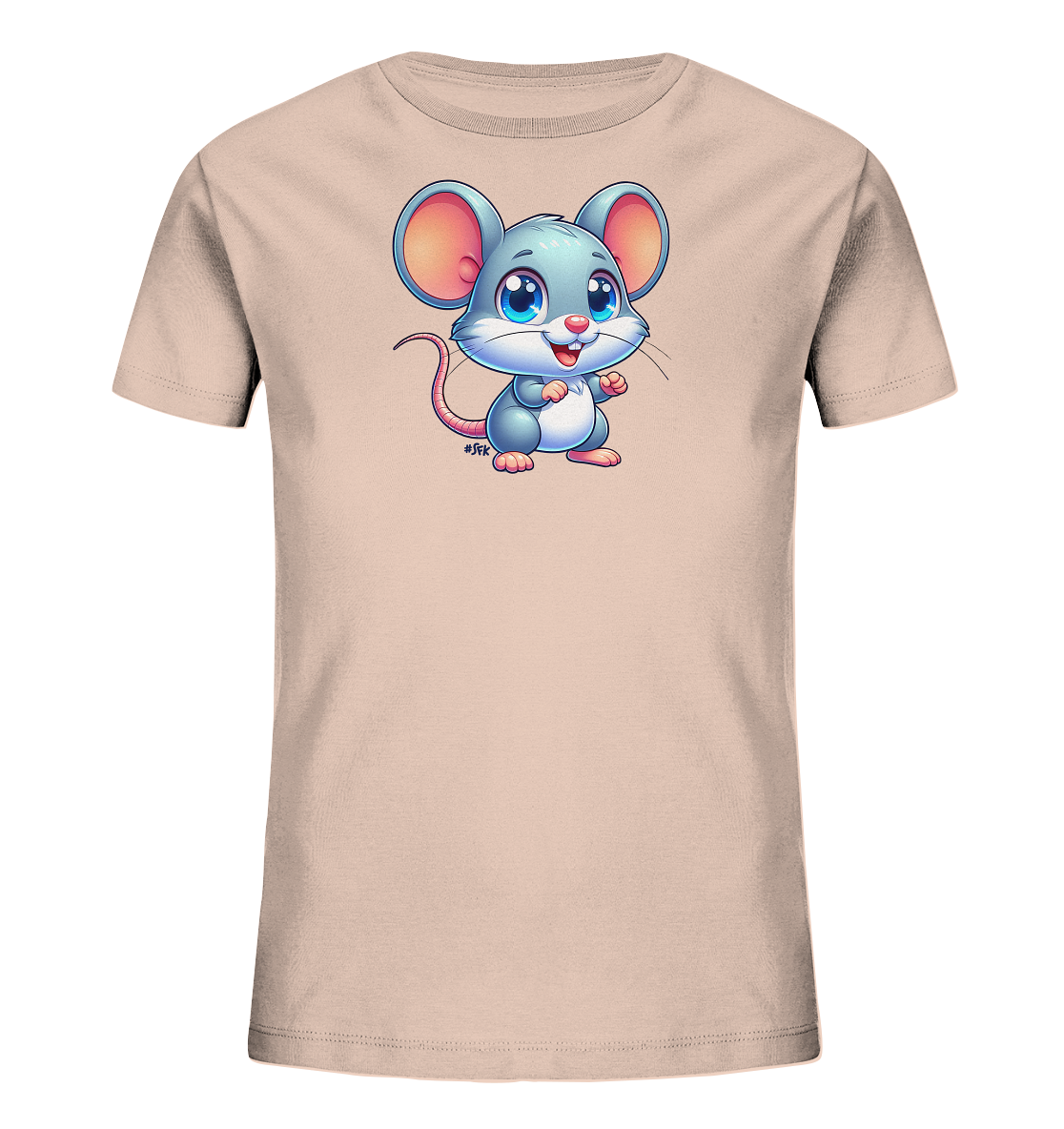Onlineshop Shirts fuer Kinder - Das Bild zeigt ein helles T-Shirt fuer Kinder. Darauf ist eine niedliche Cartoon-Maus abgebildet. Die Maus ist grau mit grossen blauen Augen und pinken Details, steht aufrecht und laechelt freundlich. Die charmante Grafik verleiht dem Shirt einen verspielten Look.