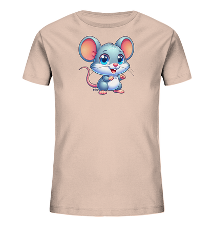Onlineshop Shirts fuer Kinder - Das Bild zeigt ein helles T-Shirt fuer Kinder. Darauf ist eine niedliche Cartoon-Maus abgebildet. Die Maus ist grau mit grossen blauen Augen und pinken Details, steht aufrecht und laechelt freundlich. Die charmante Grafik verleiht dem Shirt einen verspielten Look.