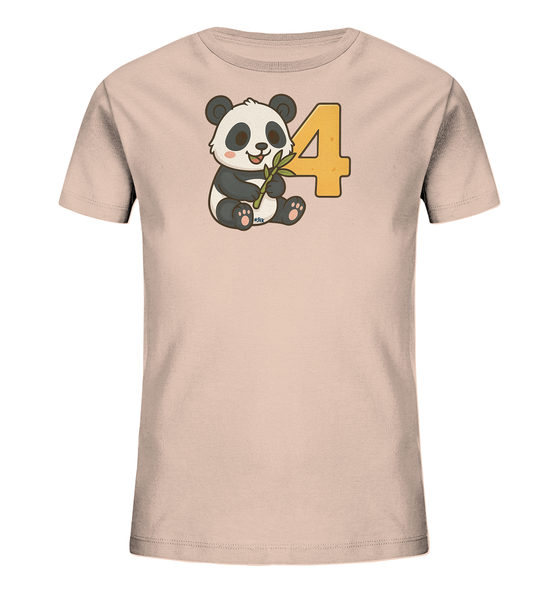 Onlineshop Shirts fuer Kinder - Das Bild zeigt ein helles, beigefarbenes T-Shirt fuer Kinder. Darauf ist eine niedliche Comic-Grafik eines Pandas zu sehen. Der Panda sitzt lachend da und haelt einen Bambuszweig in den Pfoten. Neben ihm steht eine grosse, gelbe Zahl Vier.