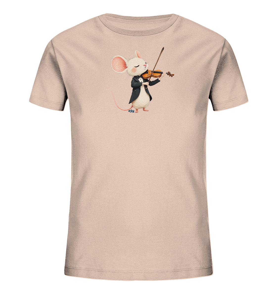 Onlineshop Shirts fuer Kinder - Das Bild zeigt ein hellrosafarbenes Kinder-T-Shirt. Auf der Vorderseite ist eine entzueckende Maus abgebildet, die einen eleganten Anzug traegt und konzentriert Geige spielt. Das Design wirkt klassisch und verspielt, ideal fuer kleine Musikliebhaber.