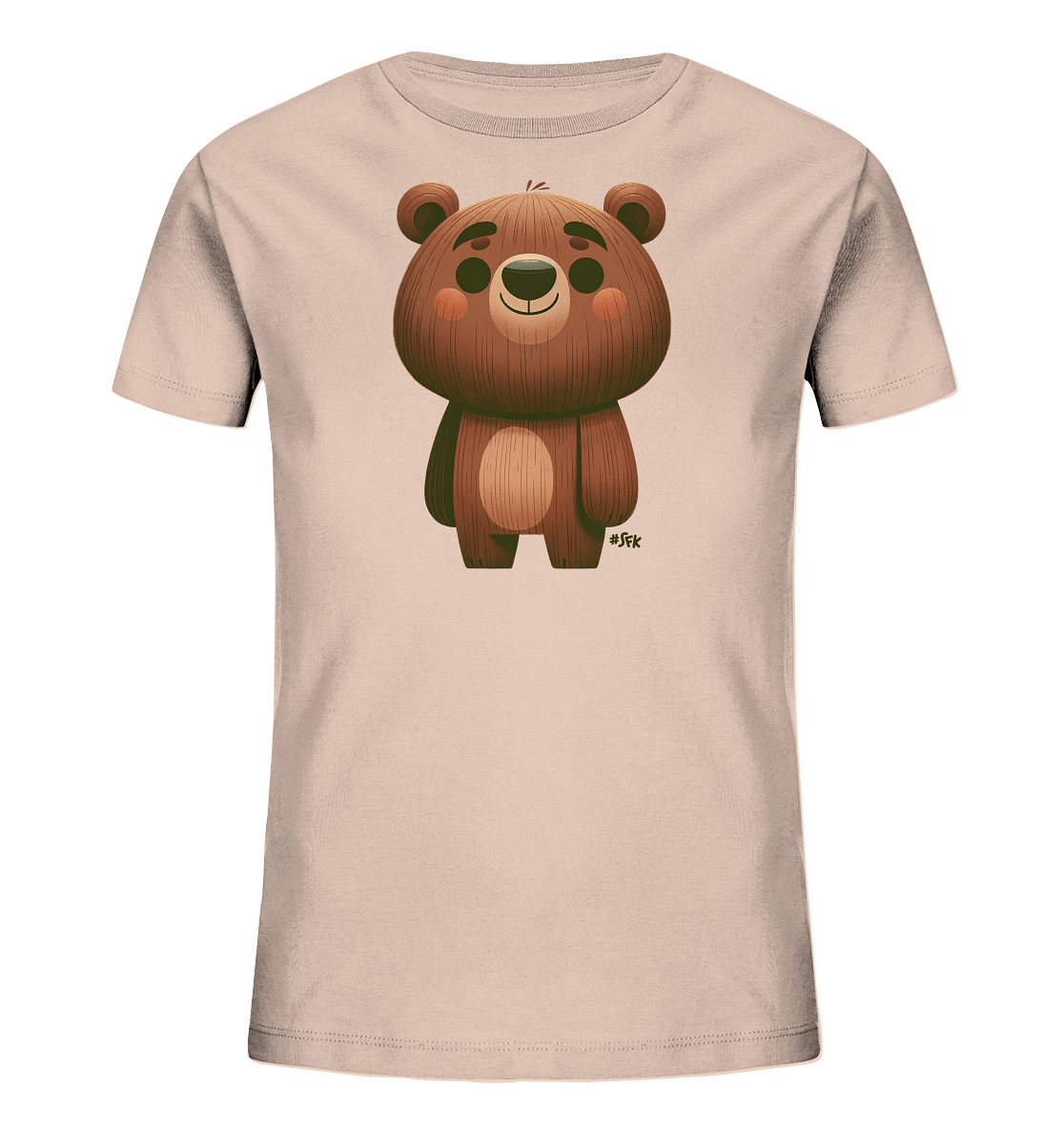 Onlineshop Shirts fuer Kinder - Das Bild zeigt ein hellrosafarbenes T-Shirt. Darauf ist eine Illustration eines braunen Cartoon-Baeren zu sehen. Der Baer hat ein freundliches Laecheln und geroetete Wangen. Das Design zeichnet sich durch eine strukturierte Optik aus.