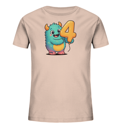 Onlineshop Shirts fuer Kinder - Das T-Shirt ist in einem hellen Rosa-/Beigeton gehalten. Es zeigt ein niedliches, blau-gruenes Monster, das einen orangefarbenen Ballon in Form der Zahl 4 festhaelt. Das Monster hat Hoerner, ein breites Laecheln und bunte Akzente am Bauch und an den Fuessen. Dieses froehliche Motiv ist auf die Vorderseite des Shirts gedruckt.