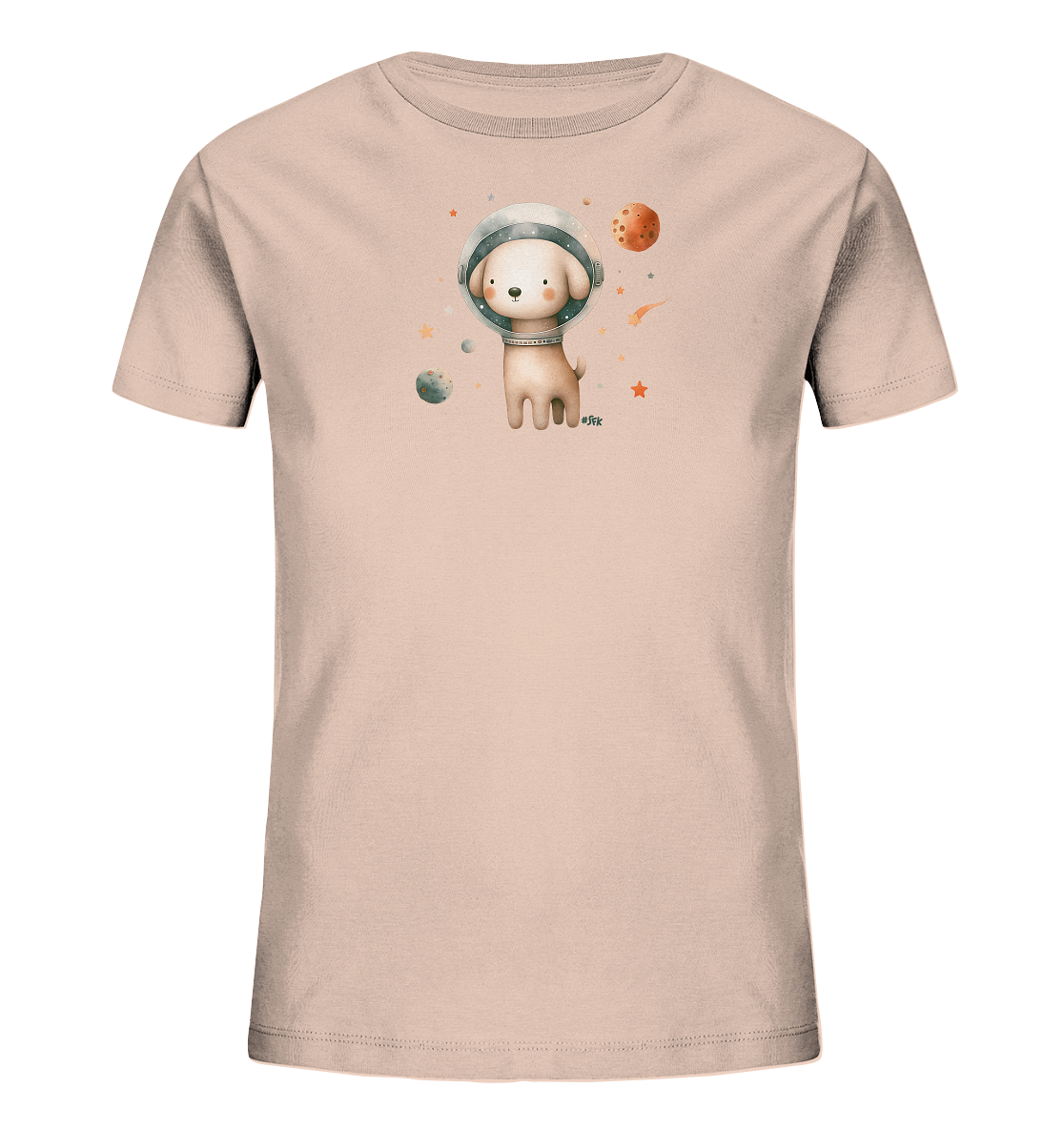 Onlineshop Shirts fuer Kinder - Das Bild zeigt ein hellrosa T-Shirt fuer Kinder. Darauf ist ein kleiner Hund mit einem Astronautenhelm abgebildet. Um den Hund herum schweben Planeten und Sterne. Das Design ist verspielt und detailreich gestaltet.