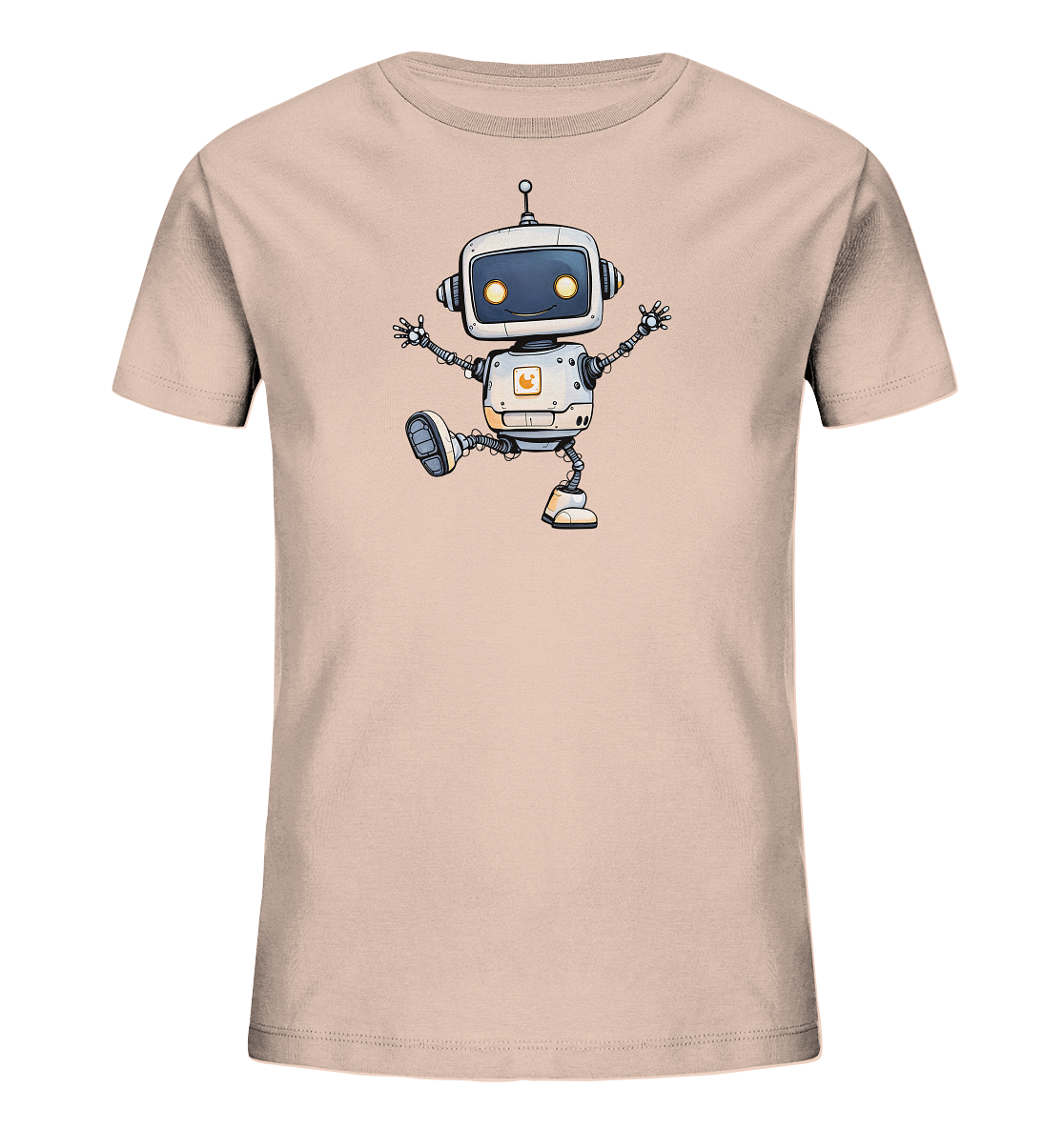 Onlineshop Shirts für Kinder - Das Bild zeigt die Vorderseite eines Kinder-T-Shirts in einem sanften Rosé- oder Pfirsichton. Auf der Brust ist eine detaillierte Illustration eines cartoonhaften Roboters platziert. Der Roboter ist in Weiß- und Grautönen mit orangefarbenen Akzenten gehalten und lächelt mit großen, leuchtend gelben Augen. Er ist in einer spielerischen Pose dargestellt, mit einem angehobenen Bein und ausgestreckten Armen, was ihm einen lebendigen und fröhlichen Ausdruck verleiht.