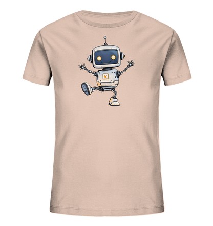 Onlineshop Shirts für Kinder - Das Bild zeigt die Vorderseite eines Kinder-T-Shirts in einem sanften Rosé- oder Pfirsichton. Auf der Brust ist eine detaillierte Illustration eines cartoonhaften Roboters platziert. Der Roboter ist in Weiß- und Grautönen mit orangefarbenen Akzenten gehalten und lächelt mit großen, leuchtend gelben Augen. Er ist in einer spielerischen Pose dargestellt, mit einem angehobenen Bein und ausgestreckten Armen, was ihm einen lebendigen und fröhlichen Ausdruck verleiht.