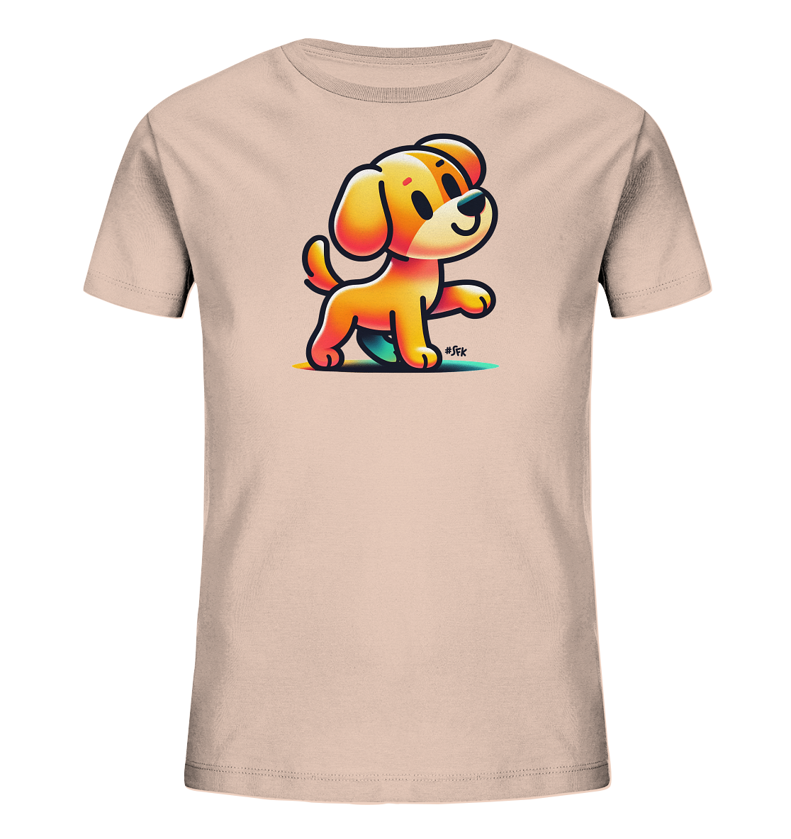 Onlineshop Shirts fuer Kinder - Das Bild zeigt ein Kinder-T-Shirt in einem zarten Rosaton. Darauf ist eine niedliche Cartoon-Illustration eines kleinen Hundes zu sehen. Der Hund ist orange-gelb gefaerbt und scheint gerade einen Schritt zu machen. Unter ihm ist ein farbenfroher Schatten oder Untergrund dargestellt, was dem Motiv Lebendigkeit verleiht.