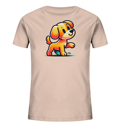 Kinder T-Shirt mit hellbraunem Cartoon-Hund, Lächeln und erhobener Pfote