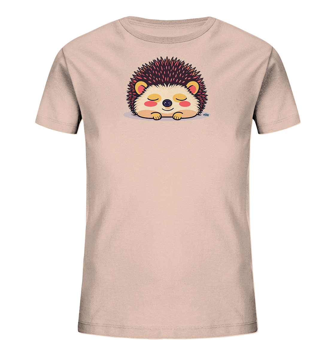 Onlineshop Shirts fuer Kinder - Das Bild zeigt ein unifarbenes Kinder-T-Shirt in einem hellen Beigeton. Im oberen Brustbereich ist ein stilisiertes, schlafendes Igelmotiv platziert. Der Igel besitzt dunkelbraune Stacheln und rosafarbene Wangen, die einen ruhigen Ausdruck vermitteln. Das Design ist schlicht und fokussiert auf das einzelne Tiermotiv.