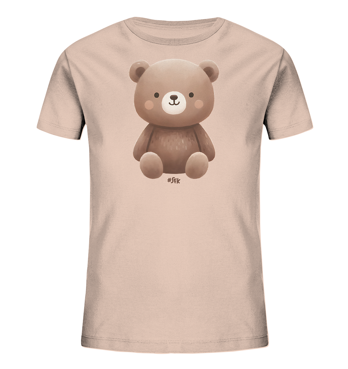 Onlineshop Shirts fuer Kinder - Das Bild zeigt ein hellrosa T-Shirt mit einem zentralen Druckmotiv. Dargestellt ist ein niedlicher brauner Cartoon-Baer, der aufrecht sitzt. Der Baer hat ein freundliches Gesicht mit rosafarbenen Wangen. Das Design ist schlicht und ansprechend fuer Kinder.