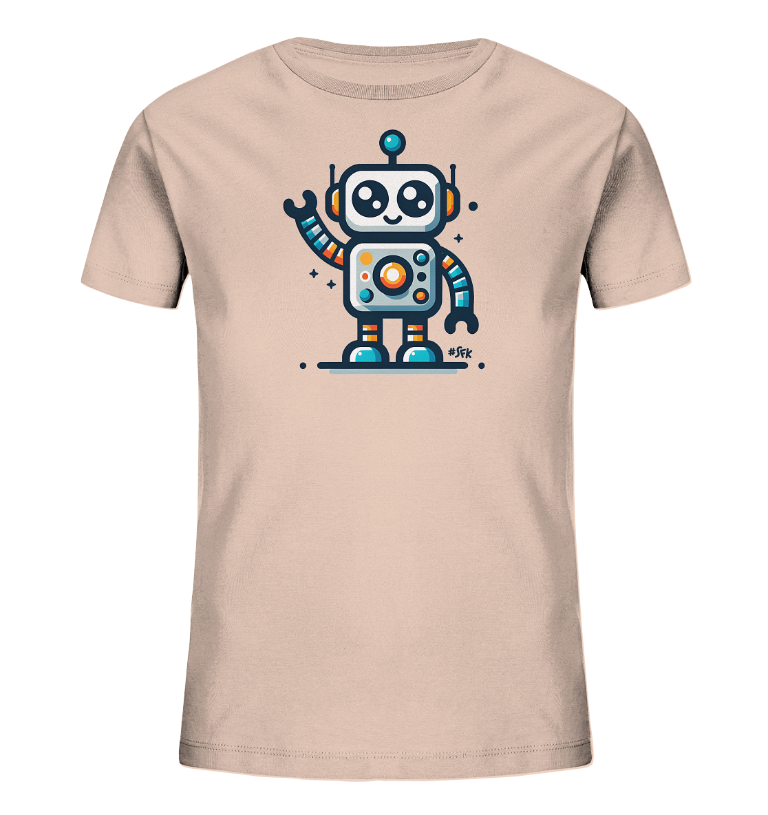 Onlineshop Shirts fuer Kinder - Das Bild zeigt ein beigefarbenes T-Shirt fuer Kinder. Auf der Vorderseite ist ein freundlicher Cartoon-Roboter abgebildet. Der Roboter hat grosse Augen, farbige Details und hebt eine Hand zum Winken. Das Design wirkt verspielt und froehlich mit klaren Linien und bunten Akzenten.