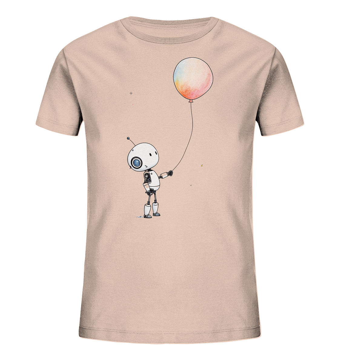 Onlineshop Shirts für Kinder - Das Bild zeigt ein kurzärmeliges T-Shirt für Kinder in einem zarten, hellrosa Farbton. Auf der Vorderseite des Shirts ist eine Illustration eines kleinen, freundlich aussehenden Roboters abgebildet. Der Roboter ist weiß mit schwarzen und blauen Akzenten und hält die Schnur eines runden Ballons fest. Der Ballon selbst zeigt ein farbenfrohes Design mit weichen Übergängen in Pastelltönen wie Rosa, Orange, Gelb und Blau. Das gesamte Design wirkt verspielt und neutral.