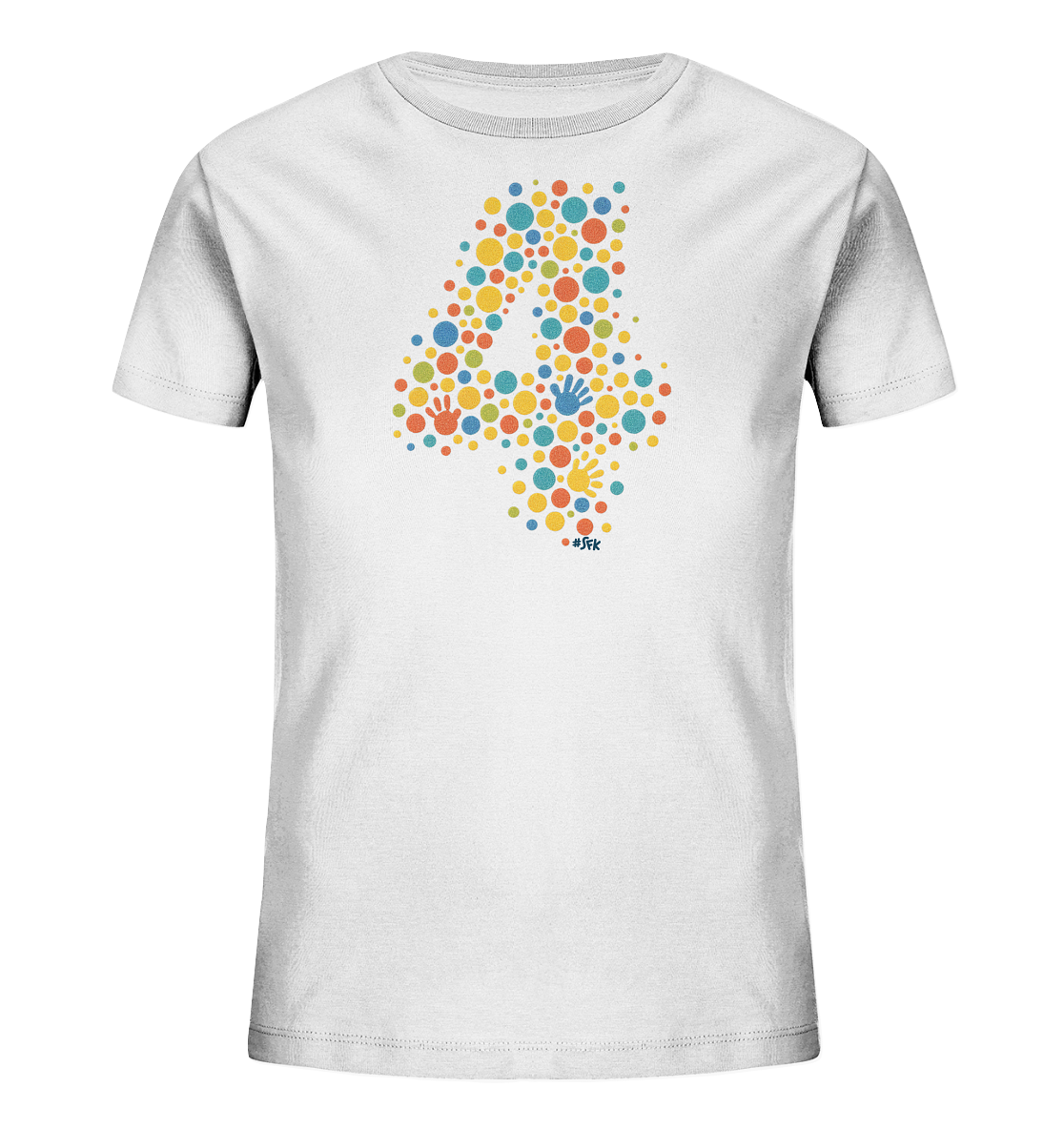 Onlineshop Shirts fuer Kinder - Das Bild zeigt ein weisses Kinder T-Shirt mit einer farbenfrohen Grafik auf der Vorderseite. Die Grafik stellt die Zahl '4' dar, die aus vielen kleinen, unterschiedlich grossen Punkten und kleinen Handabdruecken in verschiedenen Farben wie Blau, Gelb, Orange und Rot gebildet wird. Dieses spielerische und lebendige Design verleiht dem Shirt einen froehlichen Look. Es ist ein einfaches, aber auffaelliges Motiv.