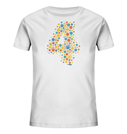 Onlineshop Shirts fuer Kinder - Das Bild zeigt ein weisses Kinder T-Shirt mit einer farbenfrohen Grafik auf der Vorderseite. Die Grafik stellt die Zahl '4' dar, die aus vielen kleinen, unterschiedlich grossen Punkten und kleinen Handabdruecken in verschiedenen Farben wie Blau, Gelb, Orange und Rot gebildet wird. Dieses spielerische und lebendige Design verleiht dem Shirt einen froehlichen Look. Es ist ein einfaches, aber auffaelliges Motiv.