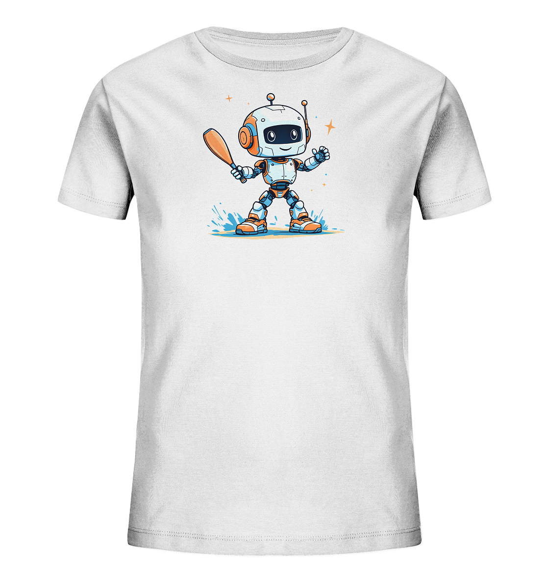 Onlineshop Shirts für Kinder - Das Bild zeigt ein weißes Kinder-T-Shirt mit einem farbenfrohen Cartoon-Motiv auf der Vorderseite. Dargestellt ist ein freundlich aussehender Roboter in orange-blauen Farben, der einen Baseballschläger hält. Der Roboter steht in einem stilisierten Wasserspritzer, umgeben von kleinen Glitzersternen. Das Design wirkt spielerisch und dynamisch und ist ideal für junge Robotik- und Baseball-Fans.