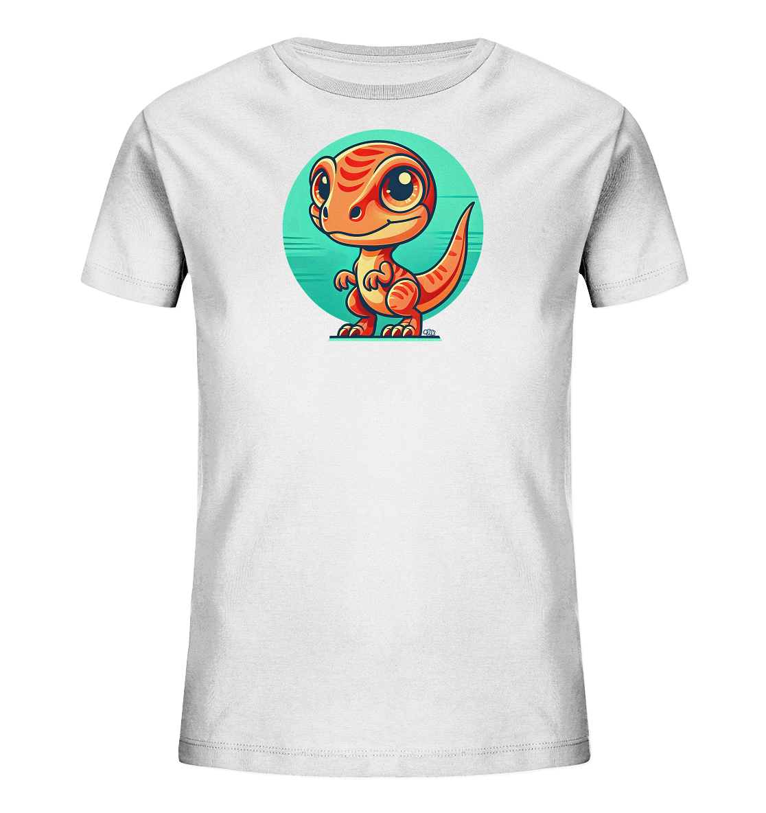 Onlineshop Shirts fuer Kinder - Das Bild zeigt ein weisses Kinder-T-Shirt mit einer farbenfrohen Grafik auf der Vorderseite. Im Zentrum ist eine niedliche, orangefarbene Cartoon-Darstellung eines Dinosauriers zu sehen. Der kleine Dinosaurier steht vor einem runden, tuerkisfarbenen Hintergrund mit Linien. Das Design wirkt verspielt und ansprechend fuer Kinder.
