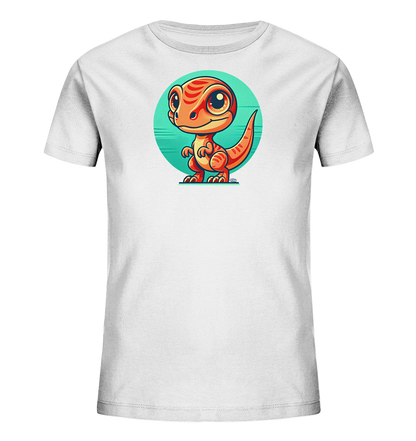 Onlineshop Shirts fuer Kinder - Das Bild zeigt ein weisses Kinder-T-Shirt mit einer farbenfrohen Grafik auf der Vorderseite. Im Zentrum ist eine niedliche, orangefarbene Cartoon-Darstellung eines Dinosauriers zu sehen. Der kleine Dinosaurier steht vor einem runden, tuerkisfarbenen Hintergrund mit Linien. Das Design wirkt verspielt und ansprechend fuer Kinder.