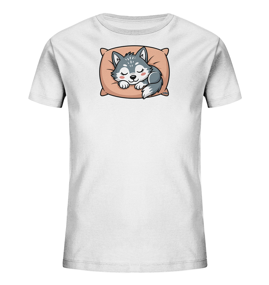 Kinder T Shirt mit schlafendem Cartoon-Wolf auf Kissen