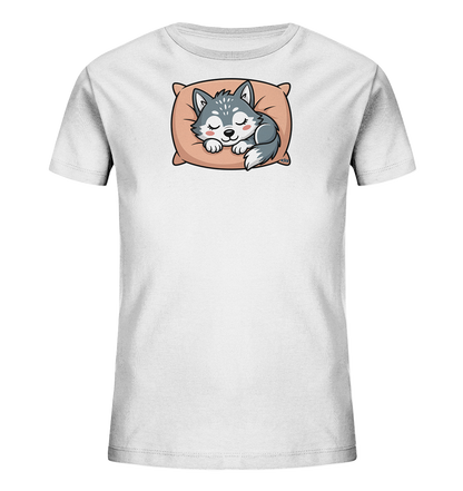 Kinder T Shirt mit schlafendem Cartoon-Wolf auf Kissen