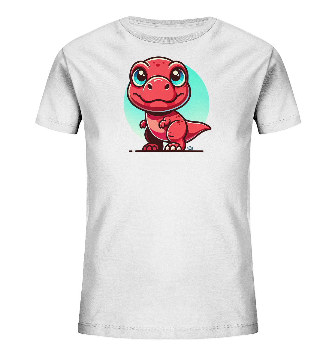 Onlineshop Shirts für Kinder - Das Bild zeigt ein weißes Kinder-T-Shirt mit einem farbenfrohen Aufdruck auf der Vorderseite. Im Zentrum des Designs ist ein niedlicher, cartoonartiger roter Dinosaurier abgebildet. Der Dinosaurier hat große, blaue Augen und ein freundliches Lächeln und steht vor einem hellblauen Kreis, der als Hintergrund dient. Das Gesamtbild ist lebendig und ansprechend gestaltet.